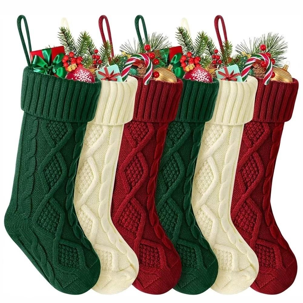 New Knitted Christmas Socking Pendant Santa Socks Rhombic Christmas Gift Bag Fluffy 46cm Xmas Hanging Ornaments