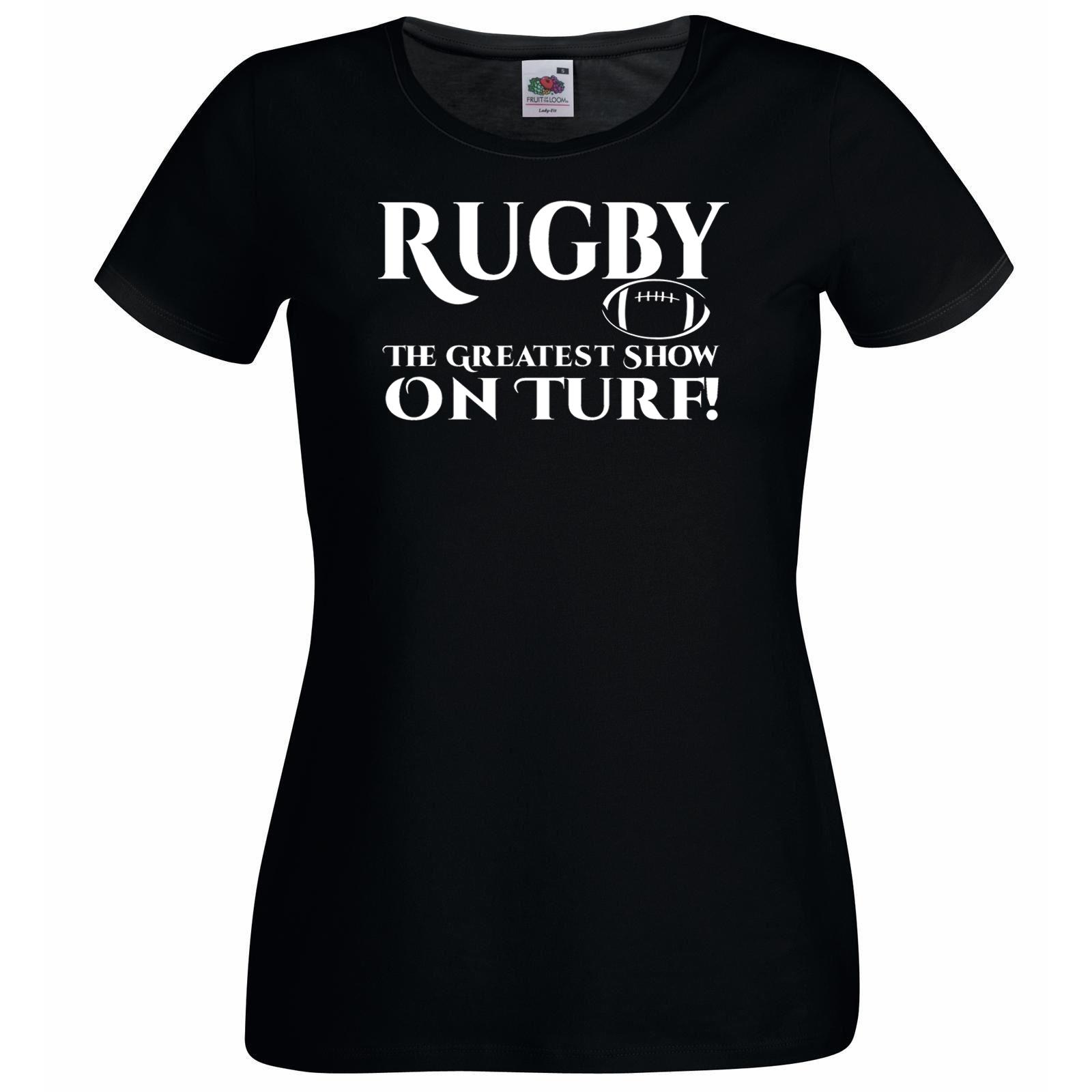 Unisexs Greatest Show On Turf Rugby Scrum Sports Supporter Black Lady Fit TShirt 2XL