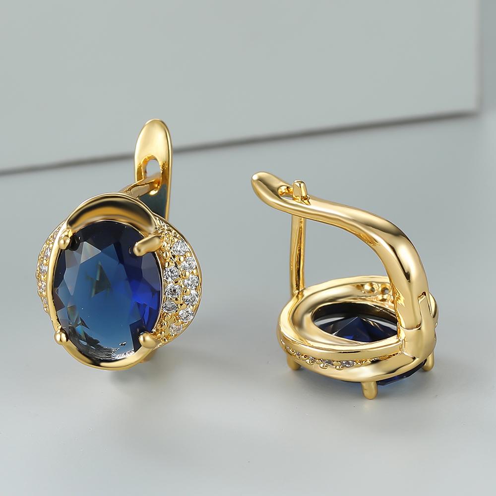 Einfache geometrische, ovale, dunkelblaue Zirkonia-Clip-Ohrringe in Goldfarbe für Frauen, süßer Mädchenschmuck, täglicher Ohrring-Zubehör