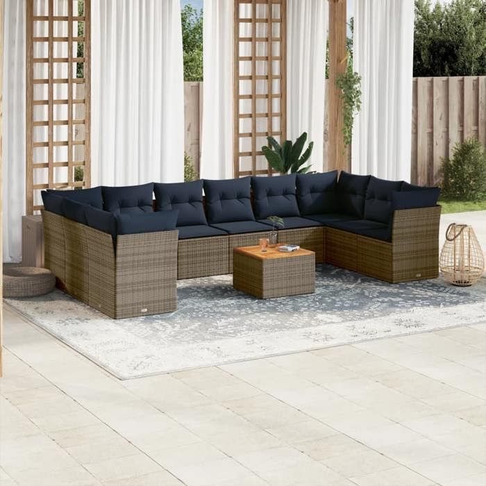 VidaXL Salon de Jardin avec Coussins 11 pcs, Canapés de Patio, Ensemble de Meubles, Mobilier de Terrasse Exterieur, Gris 3256166