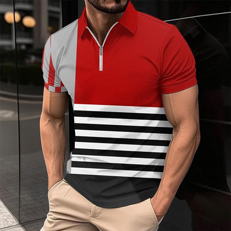 Plus Size Men's Clothing Striped Polos T-Shirts Summer Short Sleeve 3d Printed Streetwear Male Zippers POLO Tee Casual Tops
