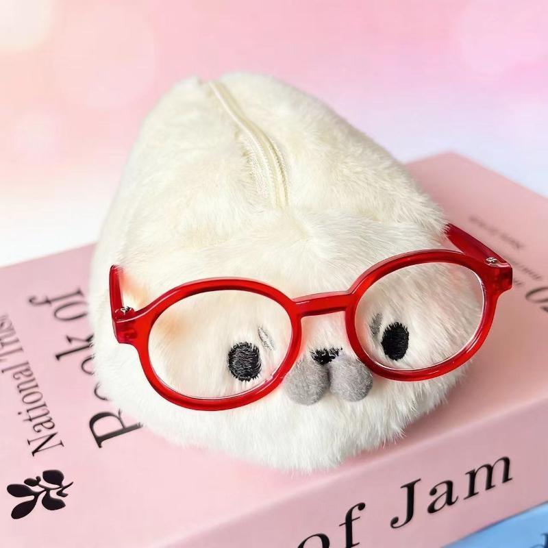Kawaii Seal Plush Pencil Bag With Glasses Frames Large Capacity School Supplies Storage For Girls Stationery