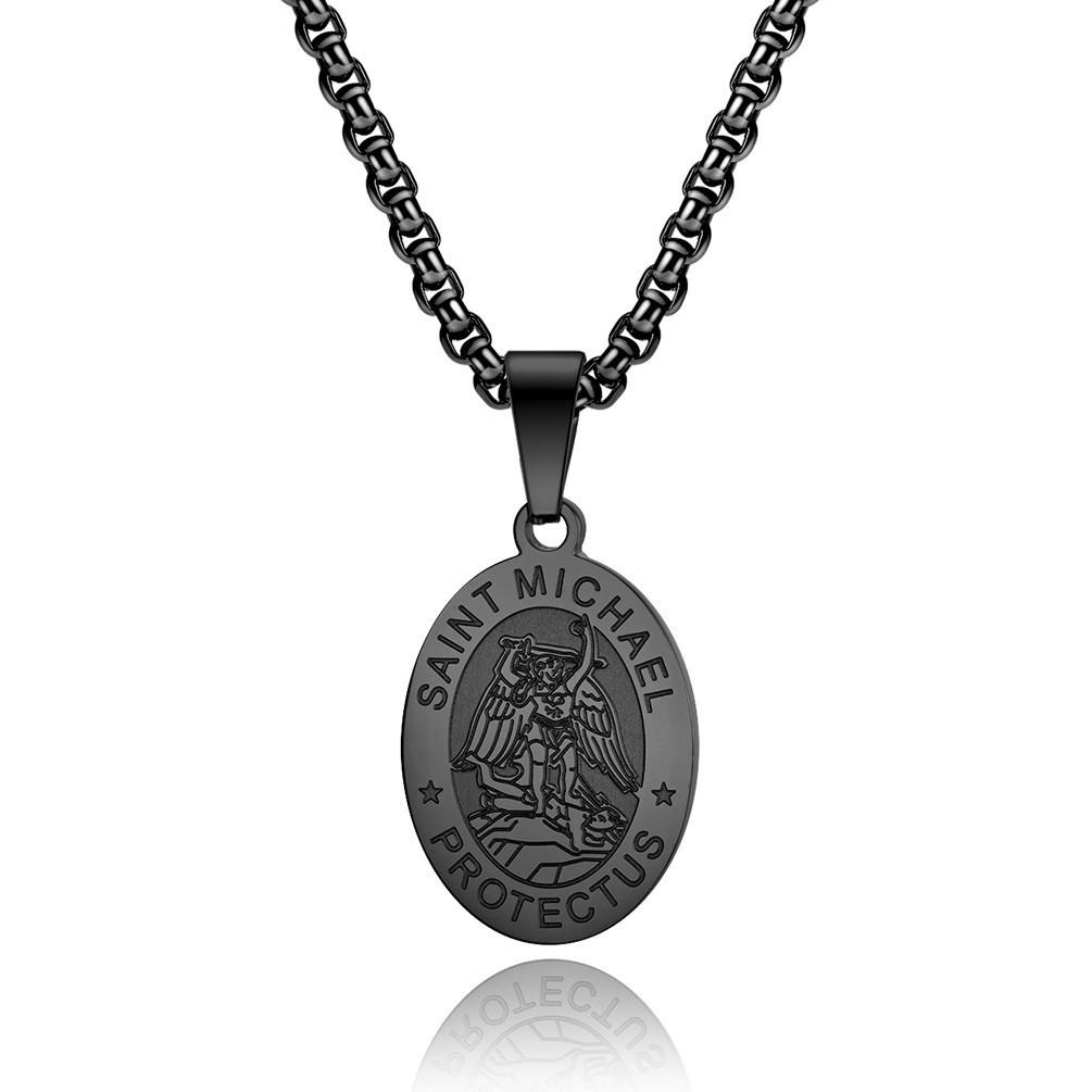 Men's Summer Trendy Black Saint Michael Pendant Necklace