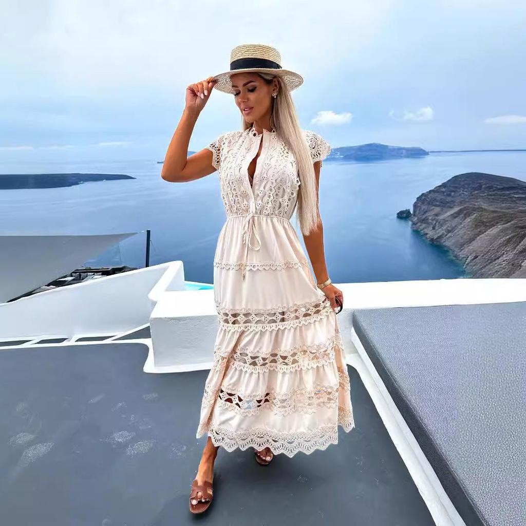 Weißes Spitzen-Spleiß-Ausschnitt-Langes Kleid Damen Sommer Stickerei Maxi Sommerkleid Vintage Ärmellos Hohe Taille Hemd Robe Femme