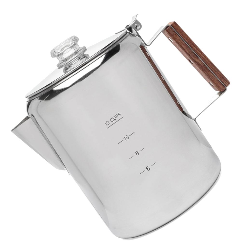 Stovetop Coffee Pot Stainless Steel Coffee Percolator with V Spout Wood Handle Multi Stove Compatible for Camping