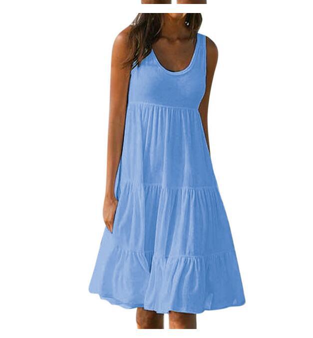 Women's Sleeveless Round Neck Spliced Beach Dress, 7 Colors, 8 Sizes