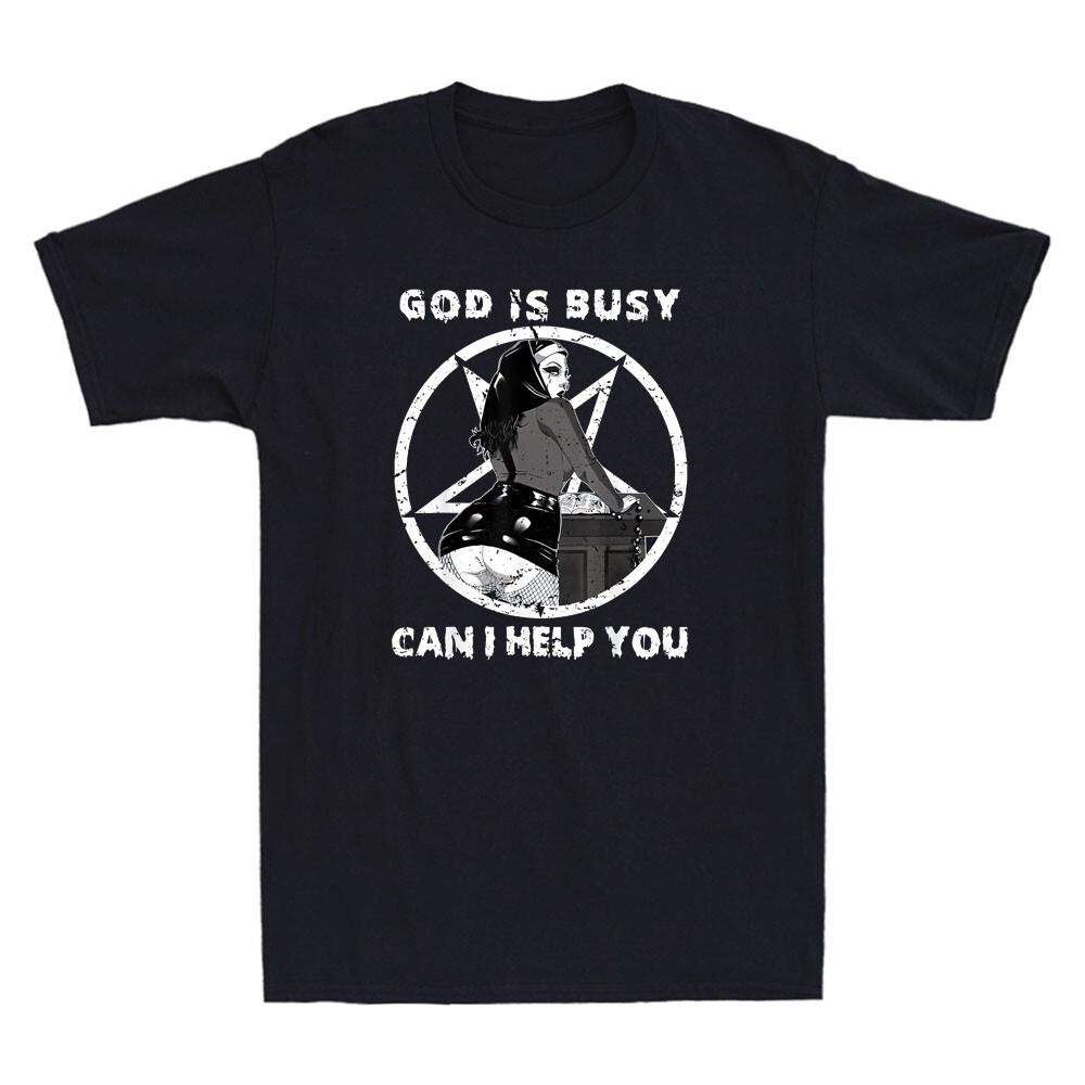 God Is Busy Can I Help You Pentagram Sexy Naughty Nun Meme Retro Unisex Tshirt