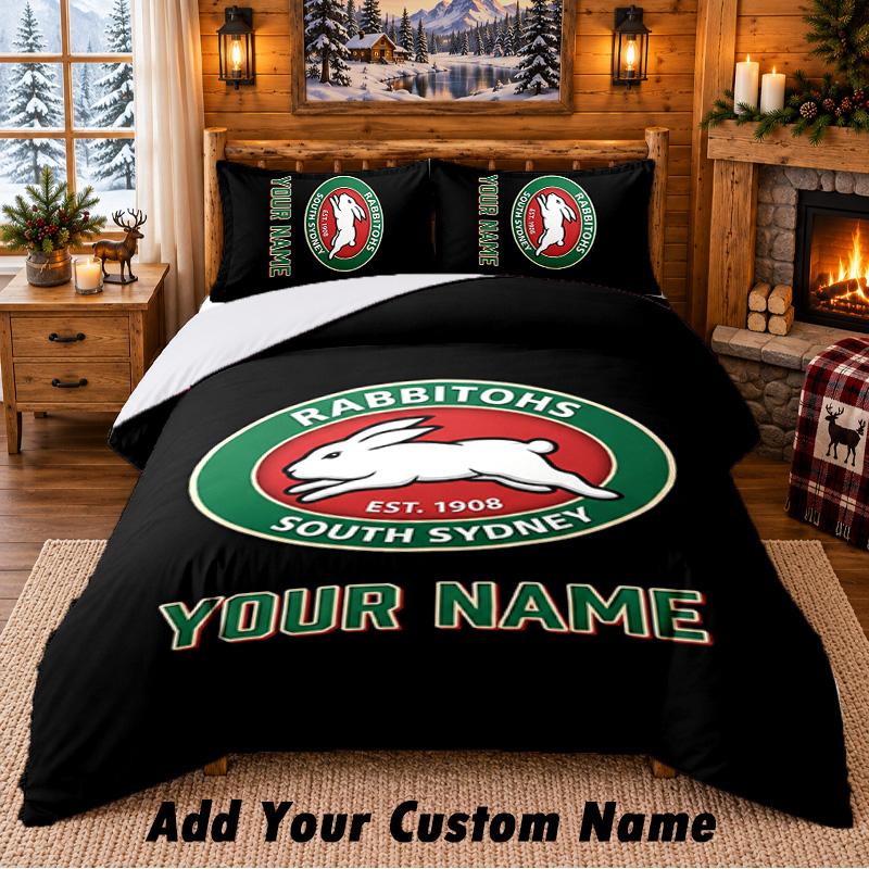 South Sydney Rabbitohs Pattern Bedding 3Pcs Set Custom Name, Bed Sheet And Pillowcases For Home Bedroom