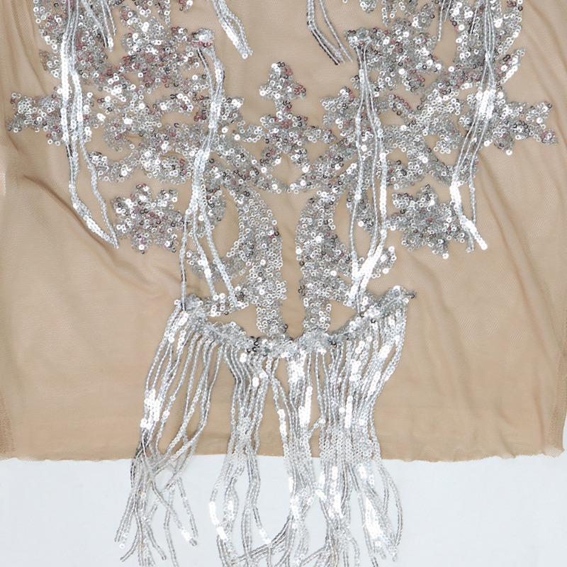 Damen Neues durchsichtiges Kleid mit Perlen und Quaste, sexy Paket, hüftschlank, ärmelloser Rock