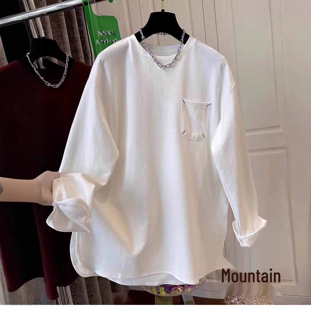 

Футболка с длинным рукавом и карманом из байки большого размера – Топ средней длины для ранней весны/осени M (up to 110 jin) белый