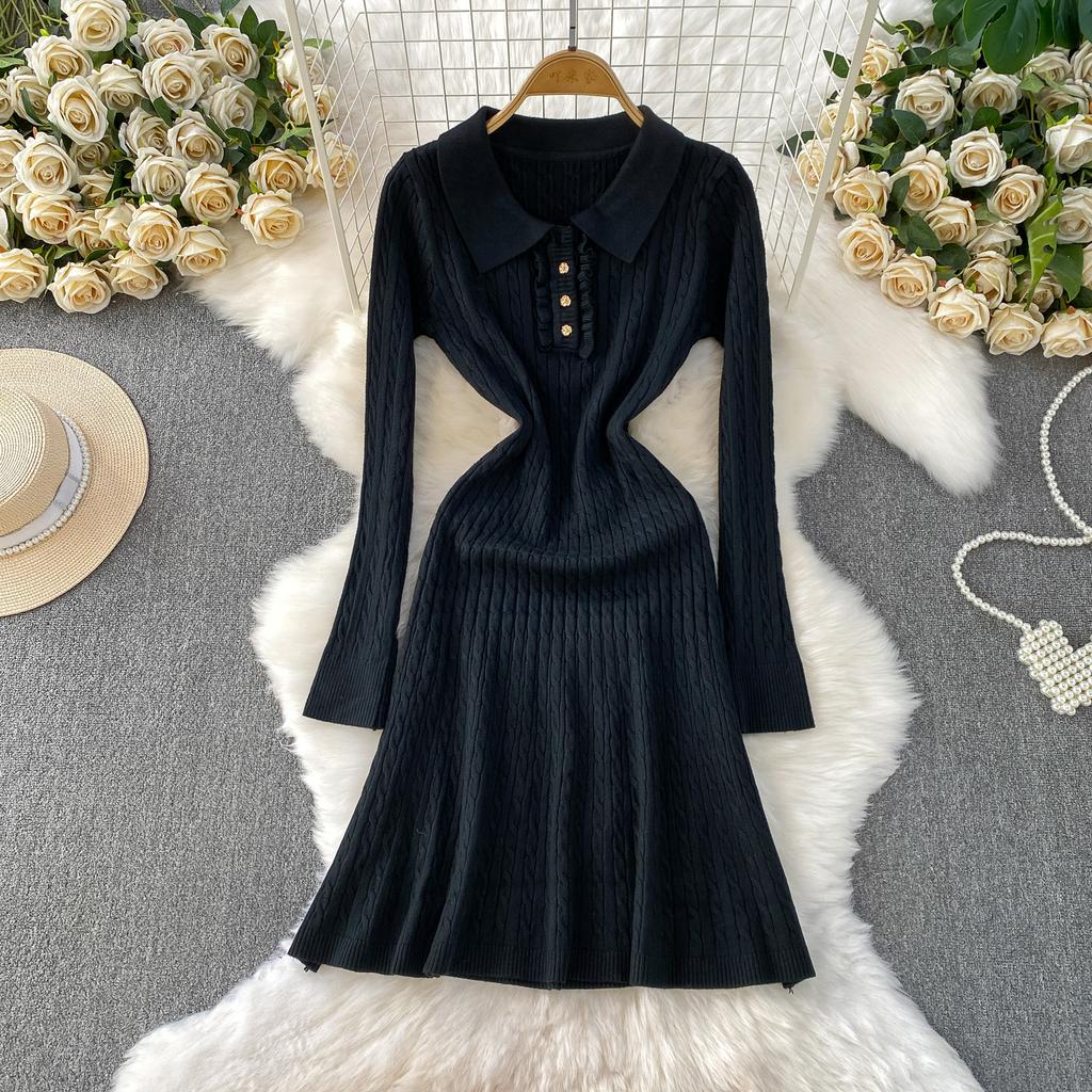 Autumn Winter High Waist Polo Knitted Umbrella Dresses  New Long Sleeve Casual Loose Sweater A-line Dresses Female