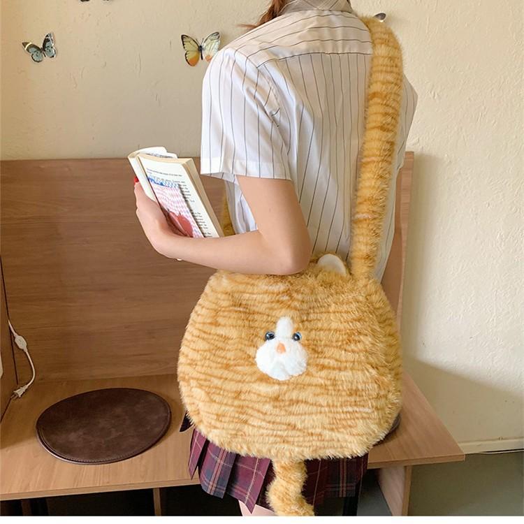 New female style girl soft cute fluffy large capacity shoulder bag cute plush cat messenger bag portable