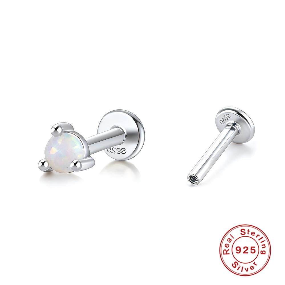 S925 Sterling Silver Screw Stud Earrings with Inlaid Opal - Fashionable Threaded Cartilage Ear Jewelry