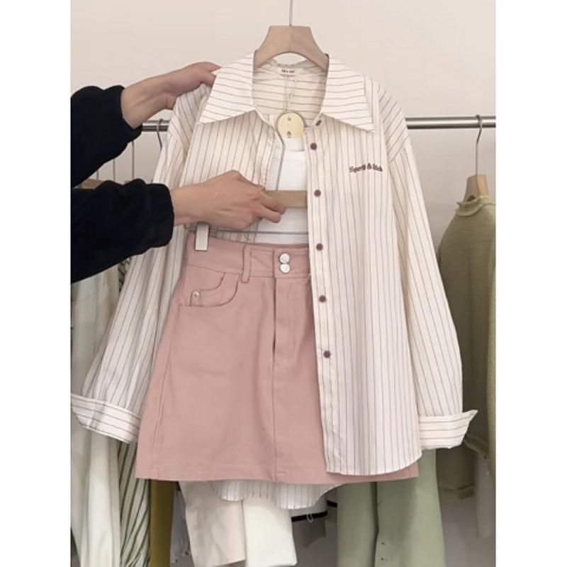 2024 Spring Women's Korean-Style Striped Shirt & Skirt with Suspenders (Three-Piece Set)