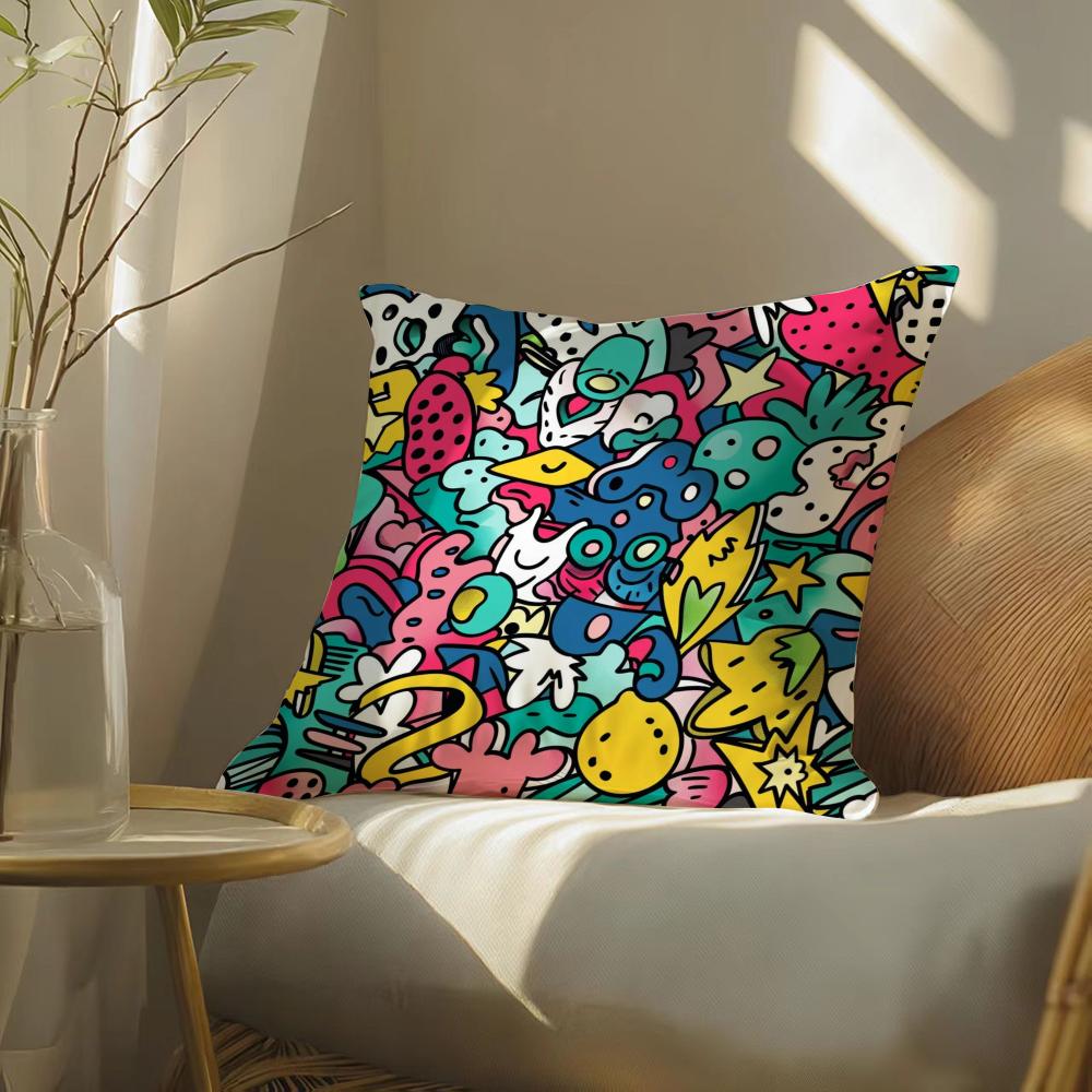 Cute graffiti Pillow Case Silky elegant Comfort Sofa Bed Invisible zipper