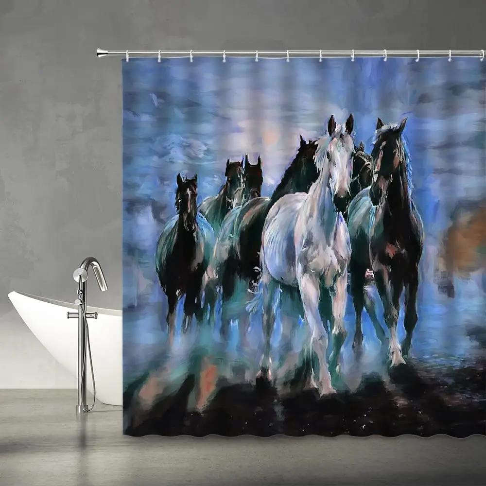 Western Horse Shower Curtains Running Horses Farm Animal Country Unique Oil Painting Abstract Art Fabric Bathroom Deco Set Hooks