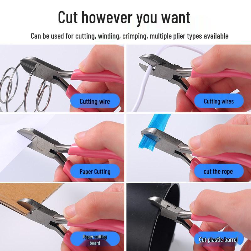 Pink DIY Multifunctional Jewelry Pliers Set: 5" Needle-Nose, Round-Nose, and Angled Pliers. Ideal for crafting and detailed work.