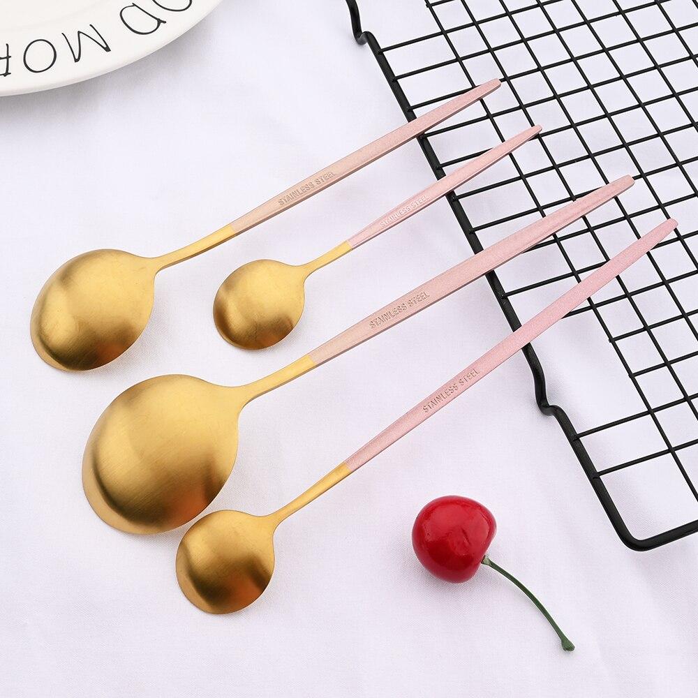 Pink Gold Stainless Steel Cutlery Set Flatware Dinner Knife Dessert Spoon Fruit Fork Dinnerware Set Matte Kitchen Tableware Set