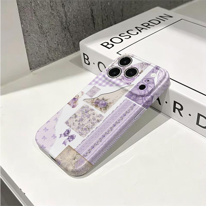 Charming Scrapbook Collage Lavender Floral Teddy Bear Ribbon Film Aesthetic Protective Shockproof Bumper Case Cover For iPhone 14 15 16 Pro Max Plus