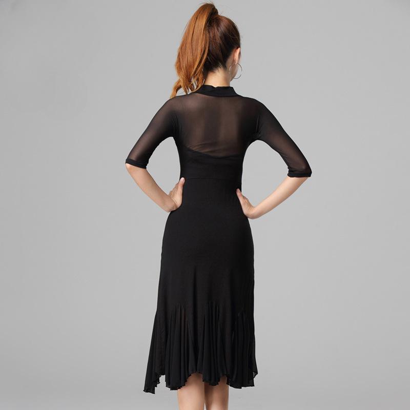 Damen Latin Dancewear Line Dance Kostüm Schwarzes Kleid für Erwachsene Fortgeschrittene Tanz Professionelles Üben Samba V-Ausschnitt Kleid