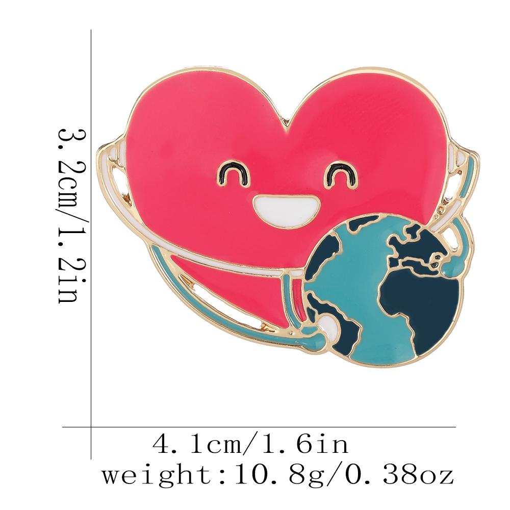 Novelty Red Stethoscope Heart And Earth Design Enamel Brooches Funny Doctor Nurse Golden Pins