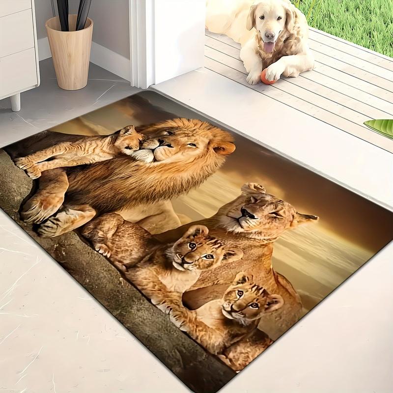 Lion King Pattern Flannel Doormat 3D Animal Family Floor Mat Soft Anti-slip Carpet for Living Room Bedroom Kids Room Decor