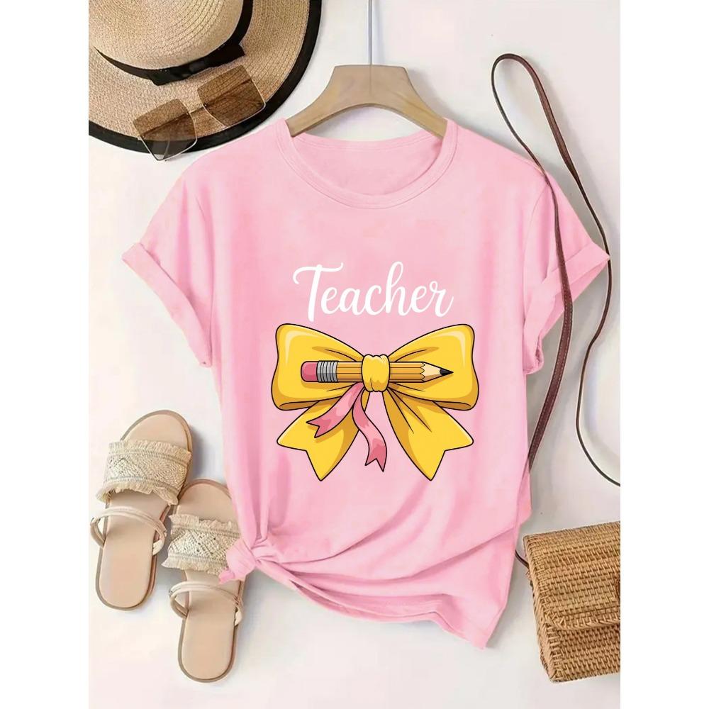 Yellow Bow and Pencil Pattern Fun Teacher Theme Pattern Printing Casual Daily Round Neck Sleeved Spicy