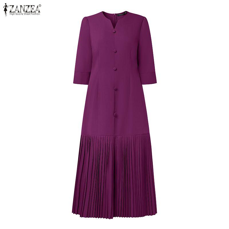 ZANZEA Women Casual V-Neck Half Sleeve Elegant Pleated Dress