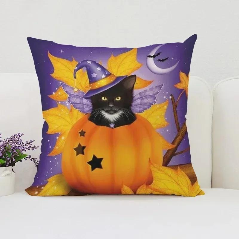 Housse de coussin décorative d'Halloween Chat Citrouille Adaptée pour Maison Salon Canapé Chambre Chambre Housse d'oreiller décorative