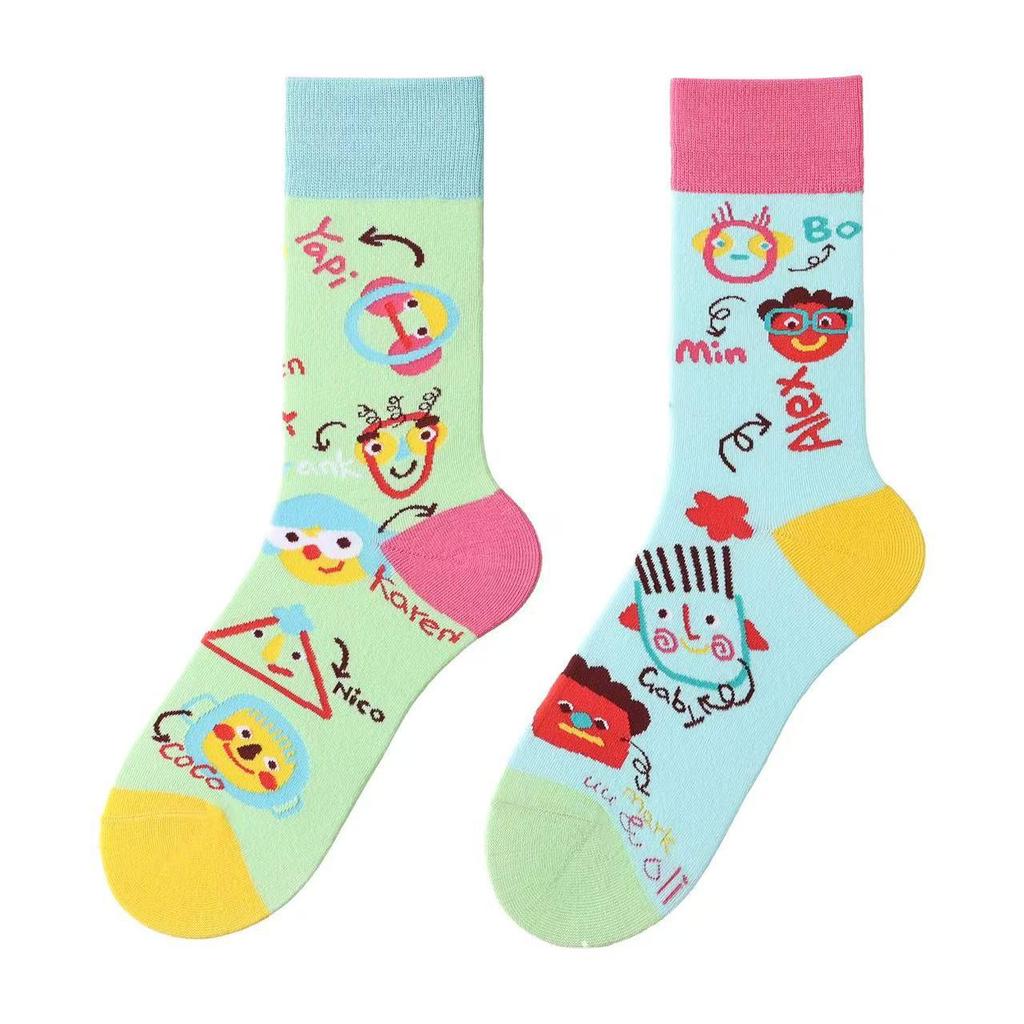 Unisex A/B Style Asymmetrical Cartoon Mid-Calf Cotton Socks
