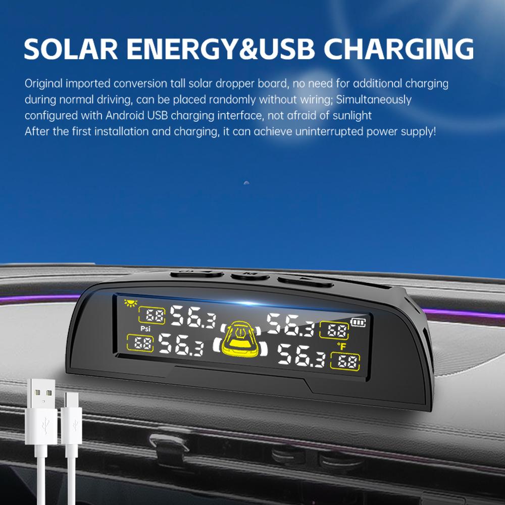 USB / Solar TPMS Digitalanzeige Reifentemperaturüberwachung 0-6,8Bar 4 Externe Sensoren Auto Reifendruckkontrollsystem Universal