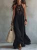 Stile europeo e americano, abito lungo con bretelle e inserti in pizzo nero, abito ampio stile vacanza, gonna in pizzo