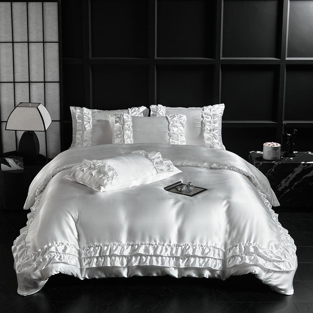 Luxury Satin Double-Layered Ruffles Duvet Cover Set Queen Soft Silky Blanket Cover And Pillowcases Skin-Friendly Quilt Cover