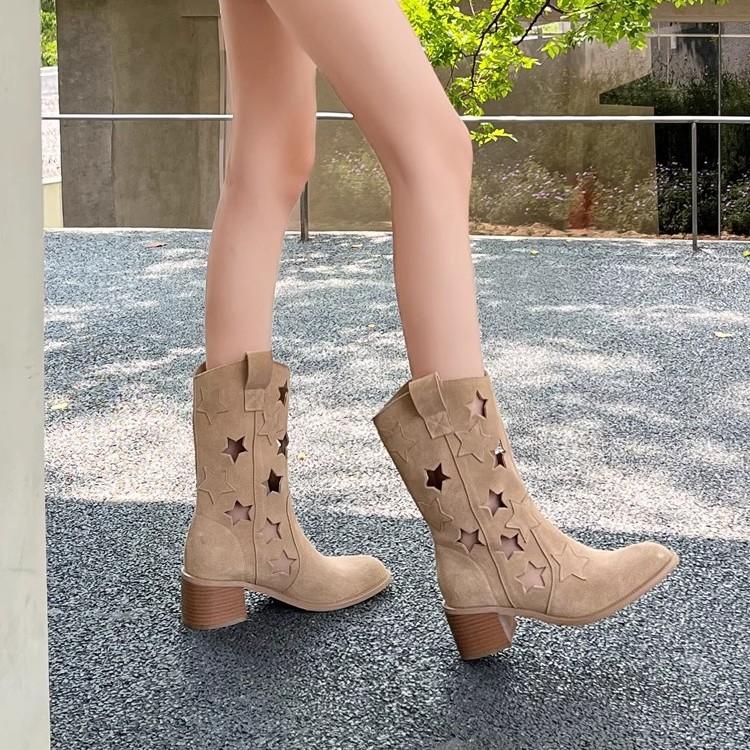 Hollow Star Western Cowboy Boots Women's 2025 Autumn Maillard Wind Boots V-mouth Skinny Thick-soled Medium Boots