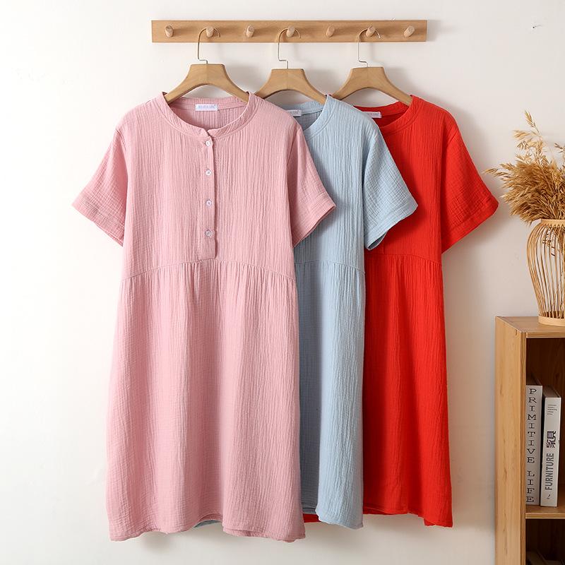 Solid Color Women's Short Sleeved Four Button Standing Collar Mid-long Sleeping Dress Home Sleepwear Women Nightgown