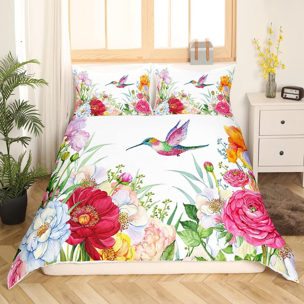Colorful Flower Green Leaf Bedding Three-Piece Quilt Cover