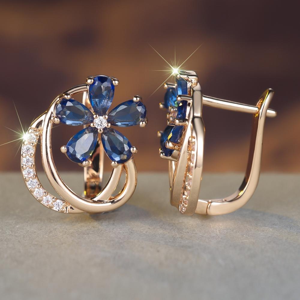 Vintage Blue Cubic Zirconia Flower Earrings for Women Luxury Gold Color Wedding Earrings Party Jewelry
