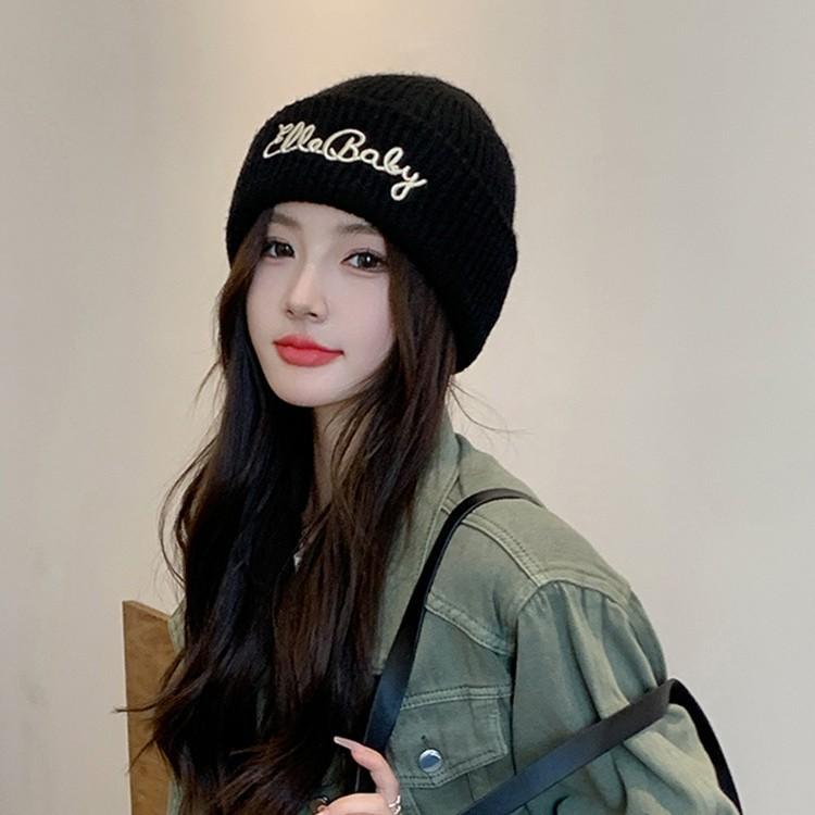 Thick Knitted Hat for Women in Autumn and Winter New Style Simple Versatile Letter Big Head Circumference Showing Face Small Woolen Ski Hat