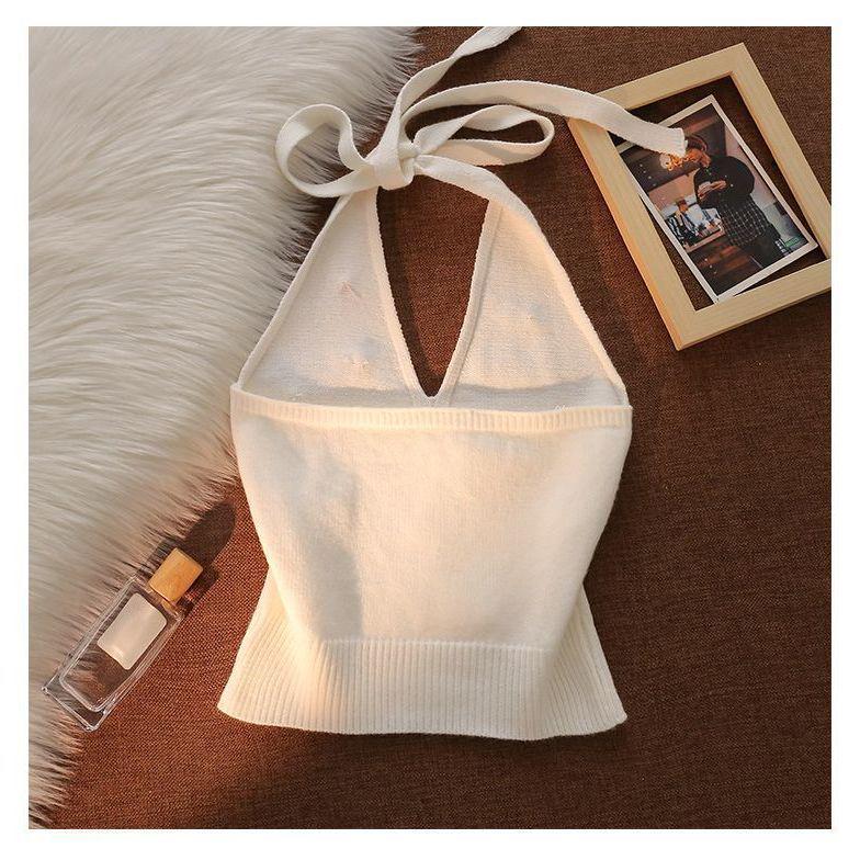 Women's Slim-Fit French Beadwork Halter Tank Top: Stunning Knitted Off-Shoulder Summer Wear