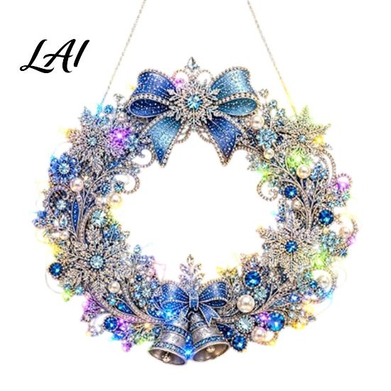 DIY Home Holiday Decor Acrylic Christmas Hanging Kit Art Faux Pearl Lighted Wreath 3D Beaded Craft Sparkling Gemstone Set Kit with LED String Light