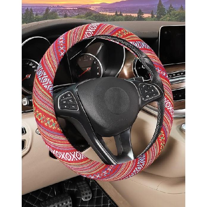 SEG Direct Boho Steering Wheel Cover With Baja Blanket Cloth, Ethnic Style Auto Wheel Cover Made Of Coarse Flax, Fits 14 1/2-15 1/4 Inches Car Wheel