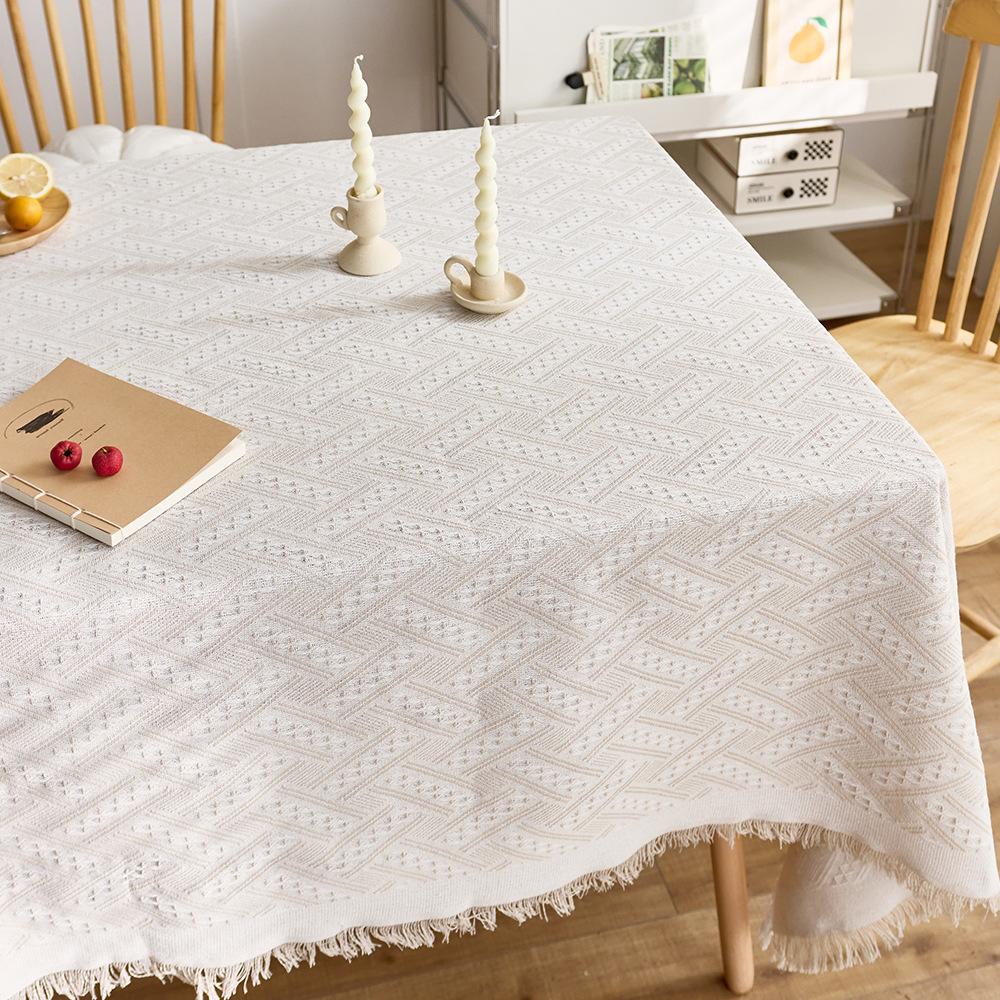 French Cream Cotton Linen Tablecloth Waffle Weave Rectangle Dining Table Cloth Tassel Edge Washable Farmhouse Kitchen Coffee Table Cover Decor W90cm*H90cm слоновая кость