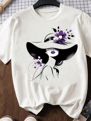 (Tamaño asiático) estilo flor tendencia Estampado Cuello Redondo Manga Corta Camisetas Moda Femenina Casual Top para Mujer T Ropa Camiseta Gráfica