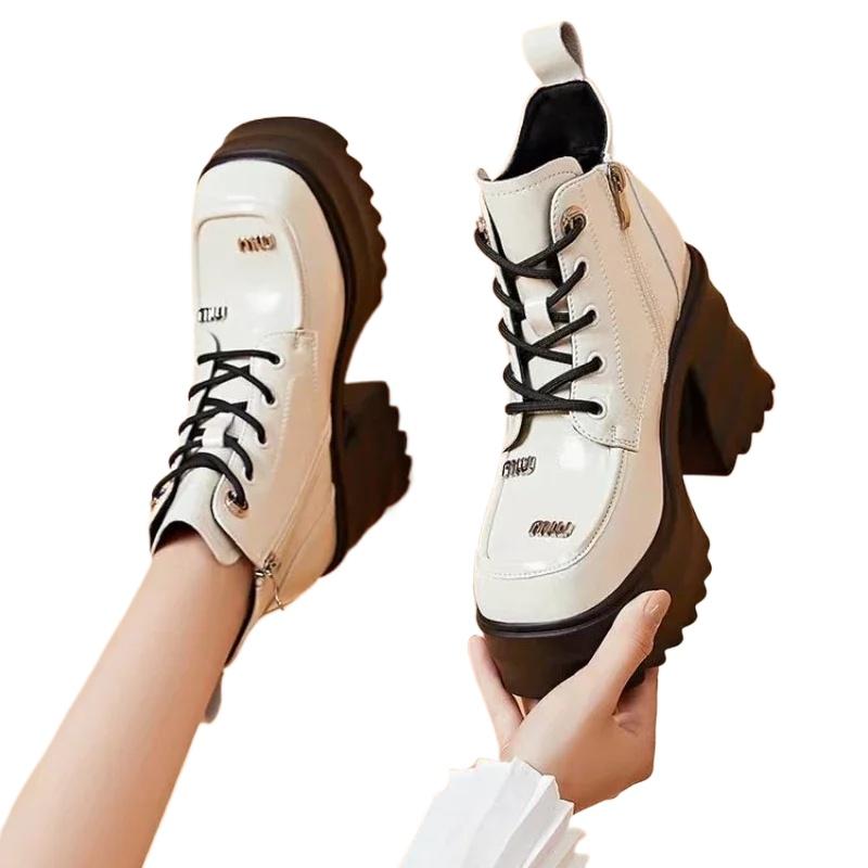 Winter Square Toe Women's Boots Lace-up Solid Color 2024 New Fashionable Thick Heel Glossy Super High Heel Women's Short Boots