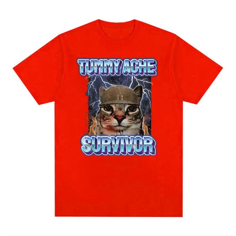 Vintage Bauchweh-Überlebender Lustiges Katzen-Meme T-Shirt Unisex Damenbekleidung Mode Kurzarm-T-Shirt Lässig Reine Baumwolle T-Shirts