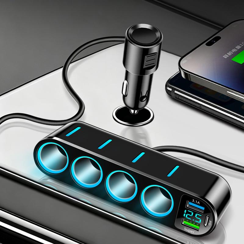 7 In 1 Safe Car Fast Charger Adapter 4 Cigarette Lighter Dual USB PD 12-24V Overheat Protection for Vehicle Use