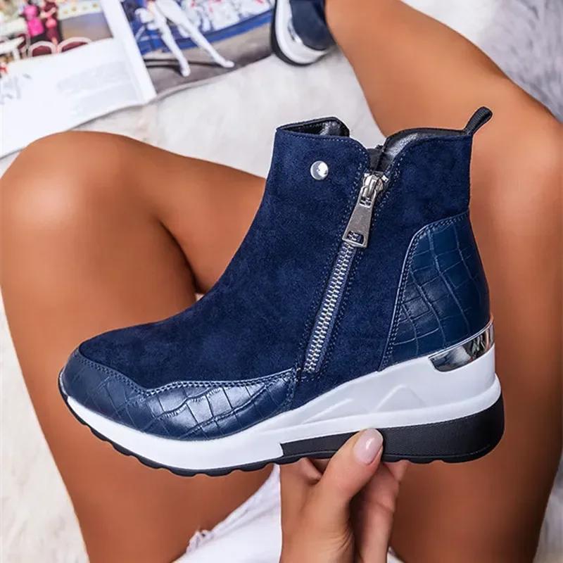 Fashion Shoes Women Sneakers Plus Size 43 Wedges Heels Ladies Ankle Boots Casual Shoes Non-slip Zipper Leather Female Footwear