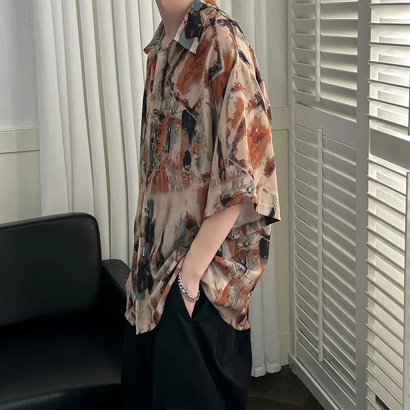 Flower Shirt All Match Style Summer Thin Short Sleeved Men's Ice Silk Outfit Retro Fashionable Shirt  Top