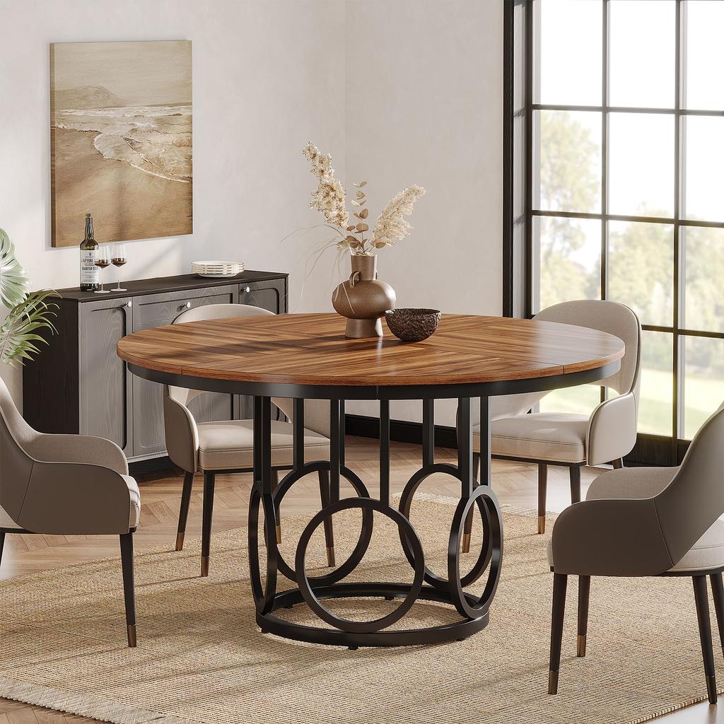 Tribesigns Round Dining Table 120cm, Wooden Kitchen Table with Sturdy Metal Base for 4-6 People, Large Round Dining Table