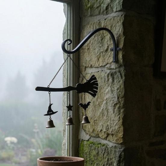 Garden Wind Chime Gift Halloween Broomstick Witch Bells, Vintage Gothic Metal Hanging Window Sill Decoration for Door Wall Porch Indoor Outdoor Decor